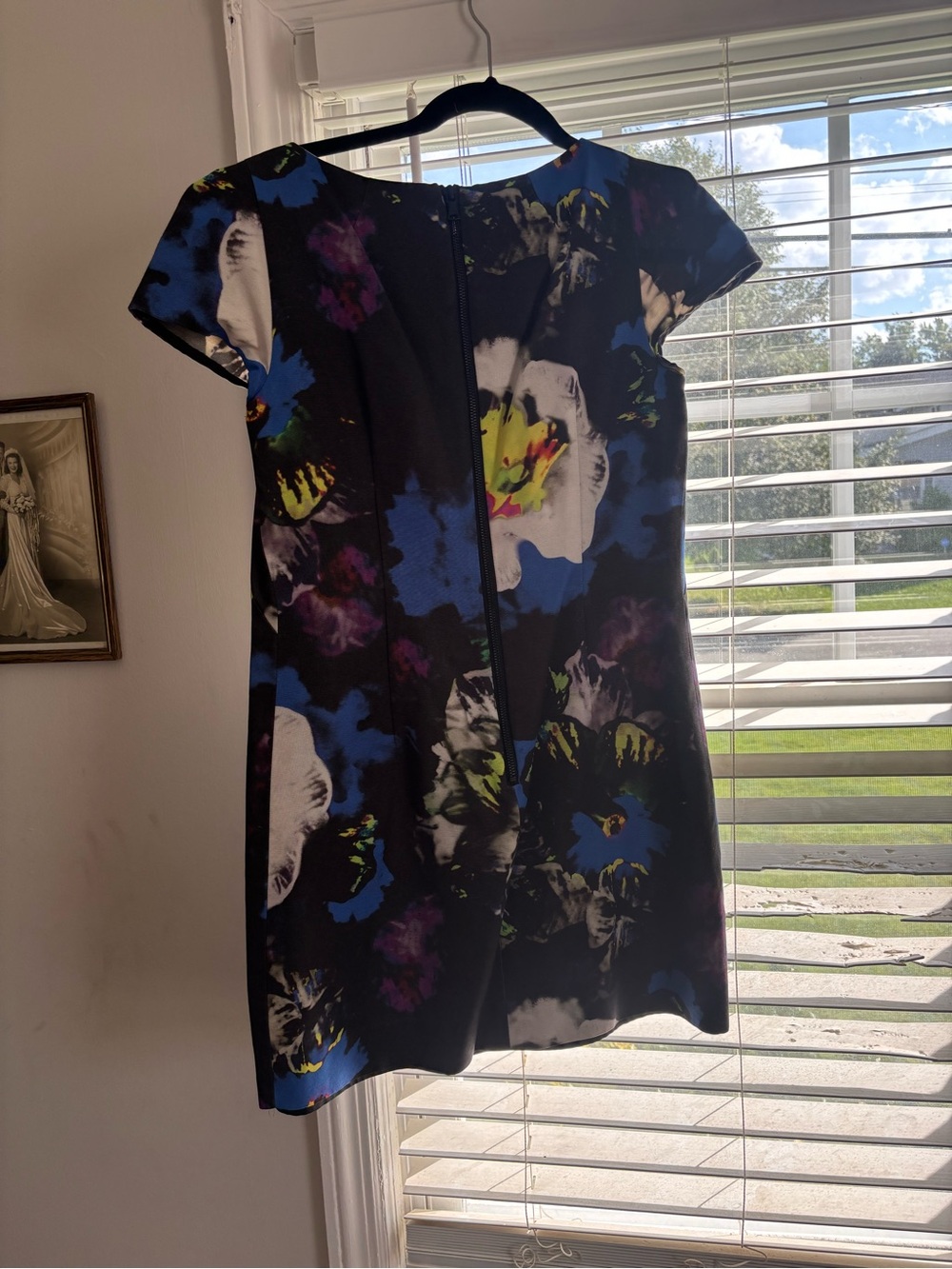 Milly Black Floral Mini Dress with Blue, White & Yellow Accents